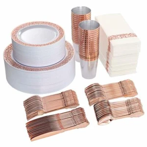 Complete Cutlery Rose Gold Dinnerware Set Total 400 Pcs Includes Napkins/Straws - Picture 1 of 6