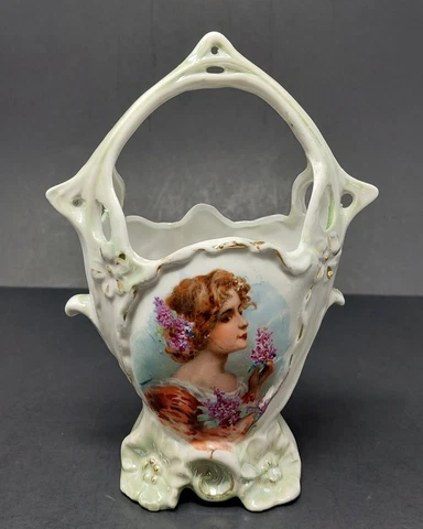 Vintage German Porcelian Basket Handpainted With Young Lady Holding Lilacs Cover