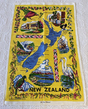 Vintage Handprinted New Zealand Linen Tea Towel w Tasman Pattern Bird Map Kiwi