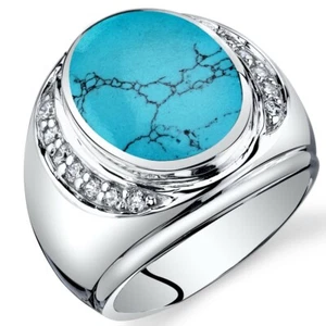 Anillo de Padrino Turquesa Simulado Corte Ovalado Para Hombre Plata Esterlina Tallas 8 a 13 - Imagen 1 de 4