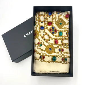 Auth Chanel Jewelry pattern Beige x Multicolor Silk Scarf W/Box BA050051 - Imagen 1 de 20