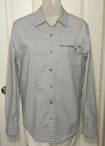 Guess Langarmshirt Druckknopfleiste Ellenbogen Patches Herren M gestreift Reißverschlusstasche grau - Bild 1 von 12