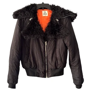 UNIF Black Crop Bomber Jacket Faux Fur Collar Moto Bikercore Full Zip Grunge M - Picture 1 of 12