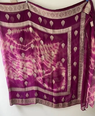 NEW Magenta Purple 100% Silk Chiffon Saree Sari with Beautiful Silver Embroidery - Image 1 of 4