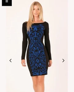 Hale Bob dress Embroidered Sheath Blue black Teri Long Sleeve sz S new - Picture 1 of 11