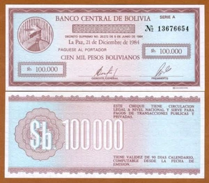 Bolivia, 100.000 (100.000) Pesos Bolivianos, 1984, P-188, UNC - Imagen 1 de 1