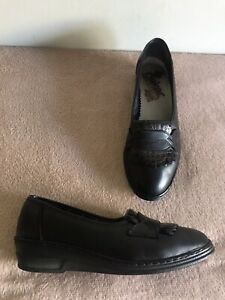 Rieker Antistress Black/Brown Leather Low Wedge Heel SlipOn Loafer Shoes 5.5 VGC
