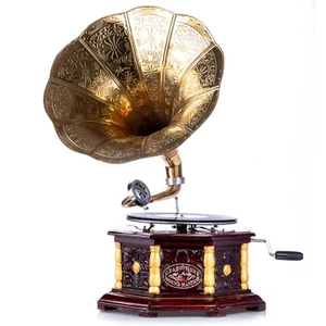 Nostalgie Grammophon Gramophone Schellackplatten Trichter gold Holz brAntik-Stil - Bild 1 von 2