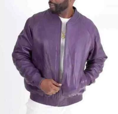 Jaqueta de couro genuína masculina roxa tamanho grande bombardeiro cintura elástica XS a 5XL - Imagem 1 de 4