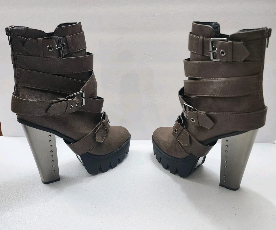 Женский бампер коричневый искусственная кожа зажим подошвы ремень пряжка металлический каблук платформа S 10 - Изображение 1 из 4