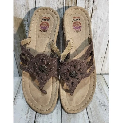 Sandalias de Tanga Earth Spirit Para Mujer Marrón Embellecidas Diseño Floral Sin Cordones Talla 10 Foto 1 de 4
