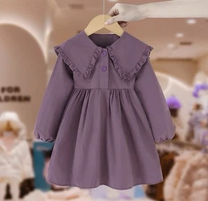 Girls Cotton Dress 2 Years – Long Sleeve Purple Ruffle Collar Toddler Outfit - Picture 1 of 1