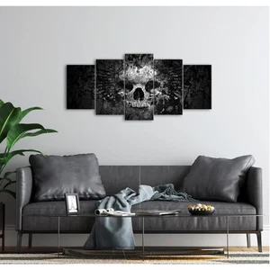 Arte de pared en lienzo de calavera de 5 piezas - Pintura de calavera gótica oscura en blanco y negro  - Imagen 1 de 5