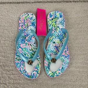 Chanclas Lilly Pulitzer para mujer 7/8 azul rosa piscina surf azul suela It On Me zapato - Imagen 1 de 9