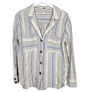 Free People High Tide Multi Stripe Button Crinkled Front Long Sleeve Shirt - Picture 1 of 11