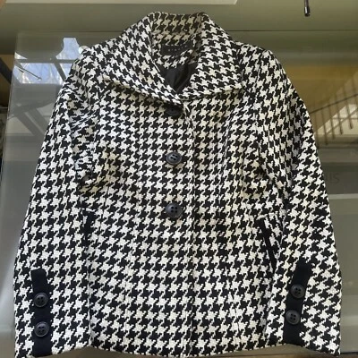 GIACCA Mujer Mediano Blanco y Negro Lana Pata de Gallo Guisante Abrigo Chaqueta Bolsillos Mod Foto 1 de 4