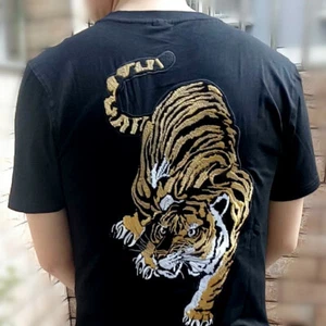 Mens T-Shirt Japanese Pattern Embroidery Tiger Totem Tattoo Stretchy Black White - Picture 1 of 23