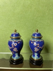 "Par de urnas de frascos de cloisonne chinos vintage, frascos de esmalte cloisonne azul de 4""" - Imagen 1 de 13