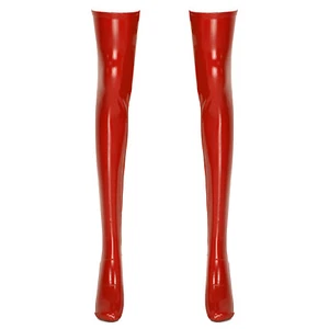 Damen Halterlose Overknee Strümpfe in Wetlook Leder-Optik Kniestrümpfe mit Fuß - Bild 1 von 21