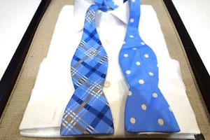 Edward Armah Silk Bow Tie 2" Reversible Baby Blue Plaid White Polka Dot - Picture 1 of 3