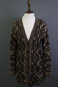 Dunque Brown Floral Wool Button Down Long Pockets Cardigan Sweater Size M - Picture 1 of 19