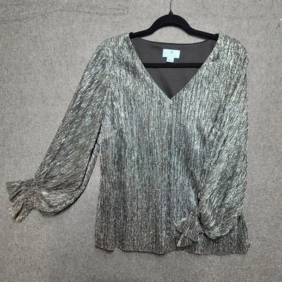 CeCe вечер носить женщин Серебряный металлический плиссированные V шеи длинным рукавом блузка верхний L - Изображение 1 из 4