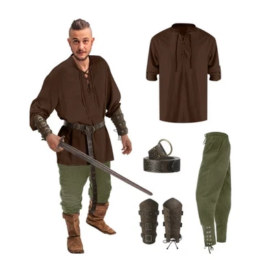 Jiuguva 4 Piezas Halloween Hombre Renacimiento Disfraz Conjunto Camisa Pirata Medieval  Foto 1 de 4