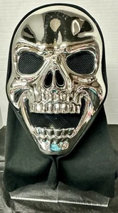 Silver Metallic Laughing Skull Mask w/Black Hood Halloween 10” - Picture 1 of 14