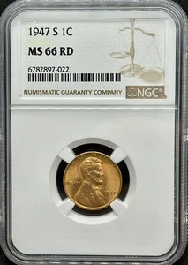 1947-S Lincoln Head Wheat Cent NGC MS 66 RD Red San Francisco Mint GEM BU Nice! - Bild 1 von 4