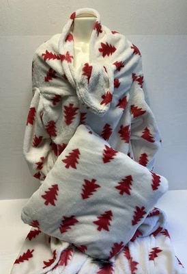 2 Stück 2in1 Deko Kissen mit Ärmeldecke 150x200cm rohweiß rotTannenbaum - Bild 1 von 2