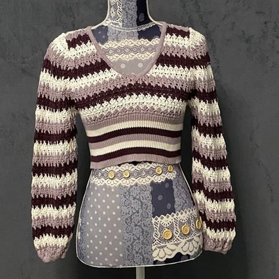 Willow & Wind укороченный вязаный свитер женщин S фиолетовый крючком епископ рукав коренастый богемное - Изображение 1 из 4