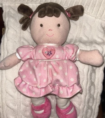 Boneca bebê de pelúcia Carters chocalho vestido ponto rosa cabelo castanho rabo de porco Lovey - Imagem 1 de 4