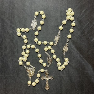 Beautiful Pearl Rosary With Silvertone Guardian Angels Cross 23” - Picture 1 of 11