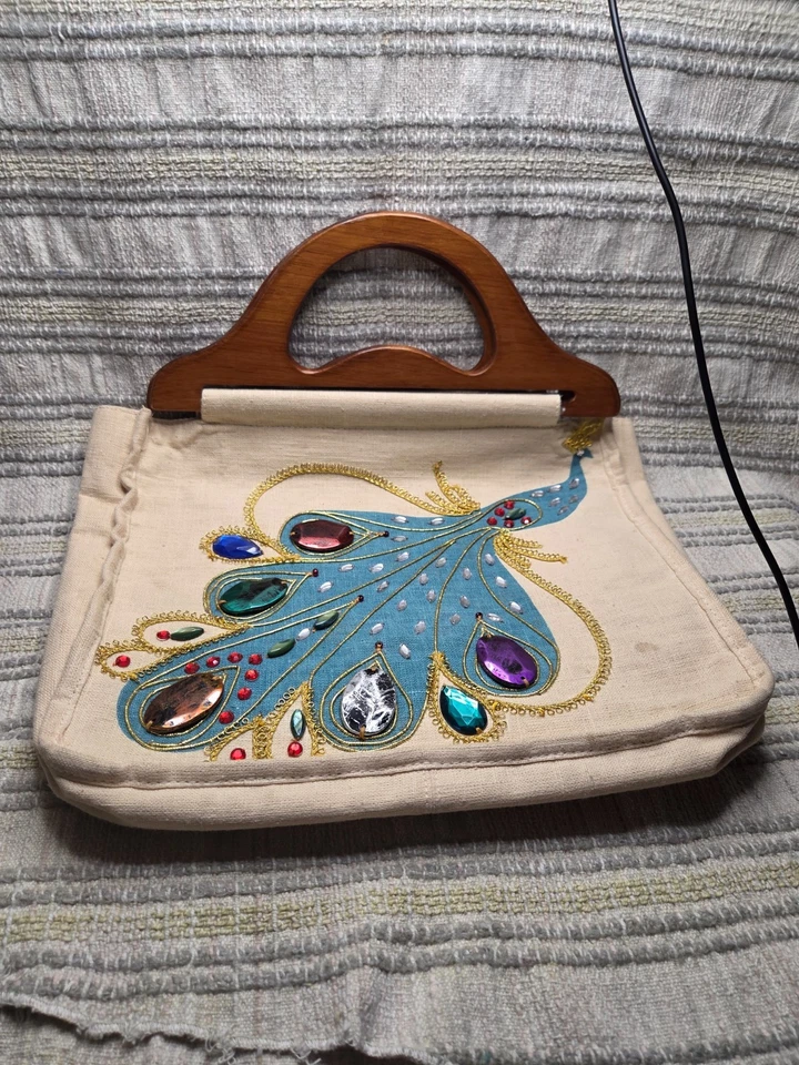  Bolso decoupage gema estilo pavo real Enid Collins de lona con madera... Foto 1 de 4