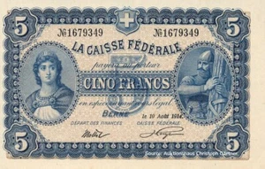 Switzerland 5 Francs - Federal Treasury French text 1914 (Reproduktion) - Zdjęcie 1 z 2