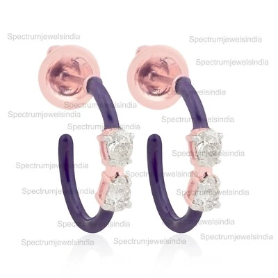 Lab Grown CVD Diamond Hoop Earrings Blue Enamel 18k Rose Gold Birthday Gift - Image 1 of 4