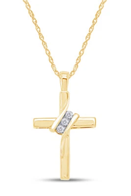 Collar con colgante de cruz con detalles de diamantes redondos naturales de oro amarillo de 14 quilates de 18" Foto 1 de 4