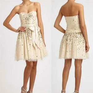 NWT $500 BCBG Maxazria Strapless Sequin Dress, Size 10, Vanilla w/ Gold/Silver - Picture 1 of 11