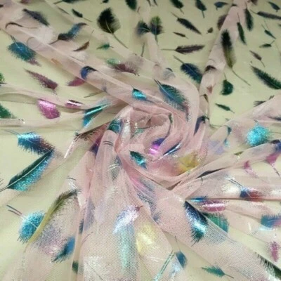 Mesh Fabric Colorful Feather Pattern Bronzing Gilding Dress Curtain Material DIY - Image 1 of 4