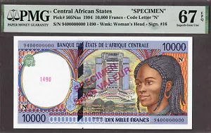 Zentralafrikanische Staaten 10.000 Francs SPECIMEN 1994 P-505Nas S GEM UNC PMG 67 EPQ - Bild 1 von 2