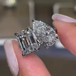 6.39Ctw Pear & Emerald Moissanite Toi Et Moi Wedding Ring 14K White Gold Plated - Picture 1 of 12