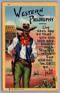 Westliche Philosophie Leinen Postkarte Cowboy Revolverheld Sag "Ich soll in die Hölle fahren I6 - Bild 1 von 3