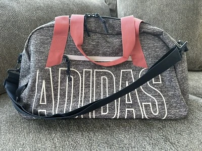 Adidas Graphic Logo Duffel Gym Carry On Bag in Heather Gray Navy & Pink - Image 1 of 4