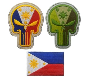 3PCS Skull Philippines Flag Filipino Flag EmblemTactical Hook Loop Patch Green - Picture 1 of 11