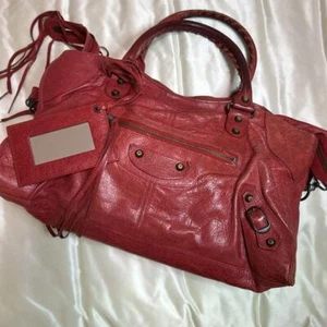 BALENCIAGA Le City Bag Leather Lambskin Moto Handbag Classic Top Handle Rare Red - Picture 1 of 10