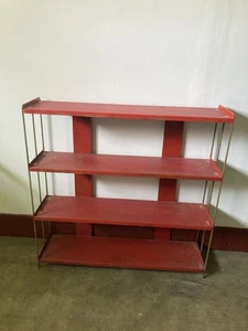 MCM 4 Tier Book Shelf Vtg Shelving Red Brass Stand Metal Bookcase Xl Record Pla - Picture 1 of 4