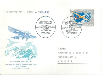 E0059 Switzerland 1963 Airmail Pro-Aero first crossing of Alps - Image 1 of 2