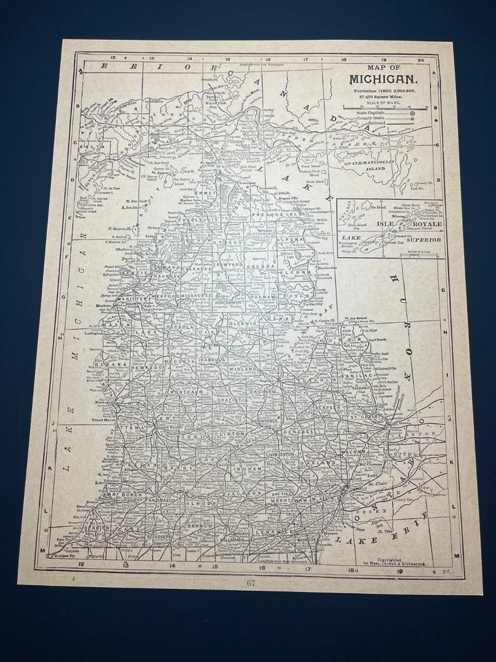RARE 1894 B&W MICHIGAN State Map Mounted on Acid-Free Card Stock SEE DESCRIP - Image 1 of 2