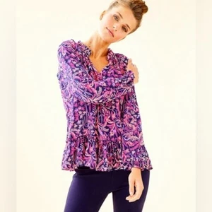 LILLY PULITZER Savanna LS Top Pink Navy Volantsaum Boho Resortwear Gr. Medium - Bild 1 von 12