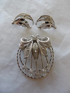 Vinage Am Lee Signed Sterling Silver Set: Filigree Ornate Brooch, Leaf Earrings - Picture 1 of 10